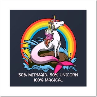 50% Mermaid 50% Unicorn 100% Magical Fantasy Rainbow Posters and Art